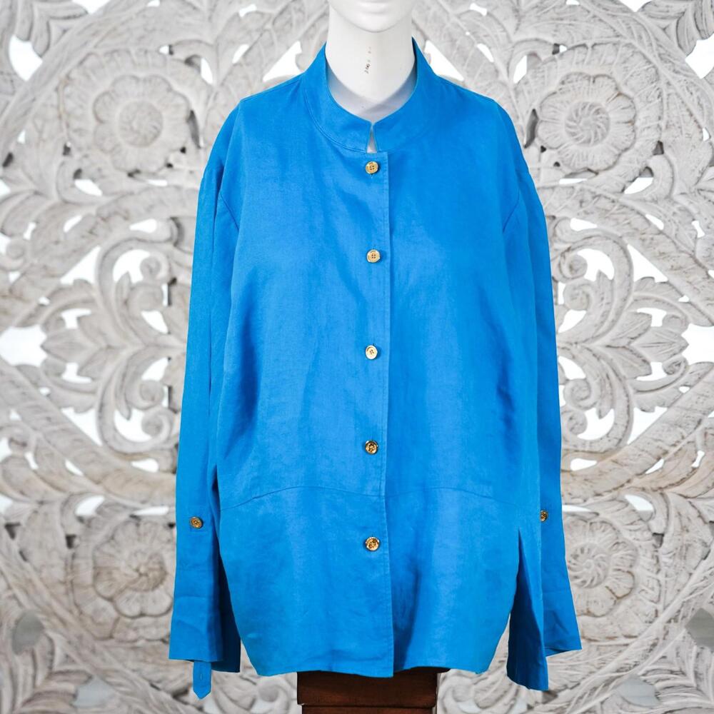Jones New York 100% Linen Shirt 3X Striking Blue Metal Button Stand Collar